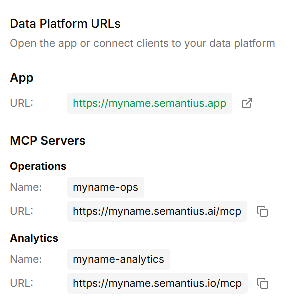Data Platform URLs panel in the Semantius admin dashboard, showing the Operations and Analytics MCP server URLs