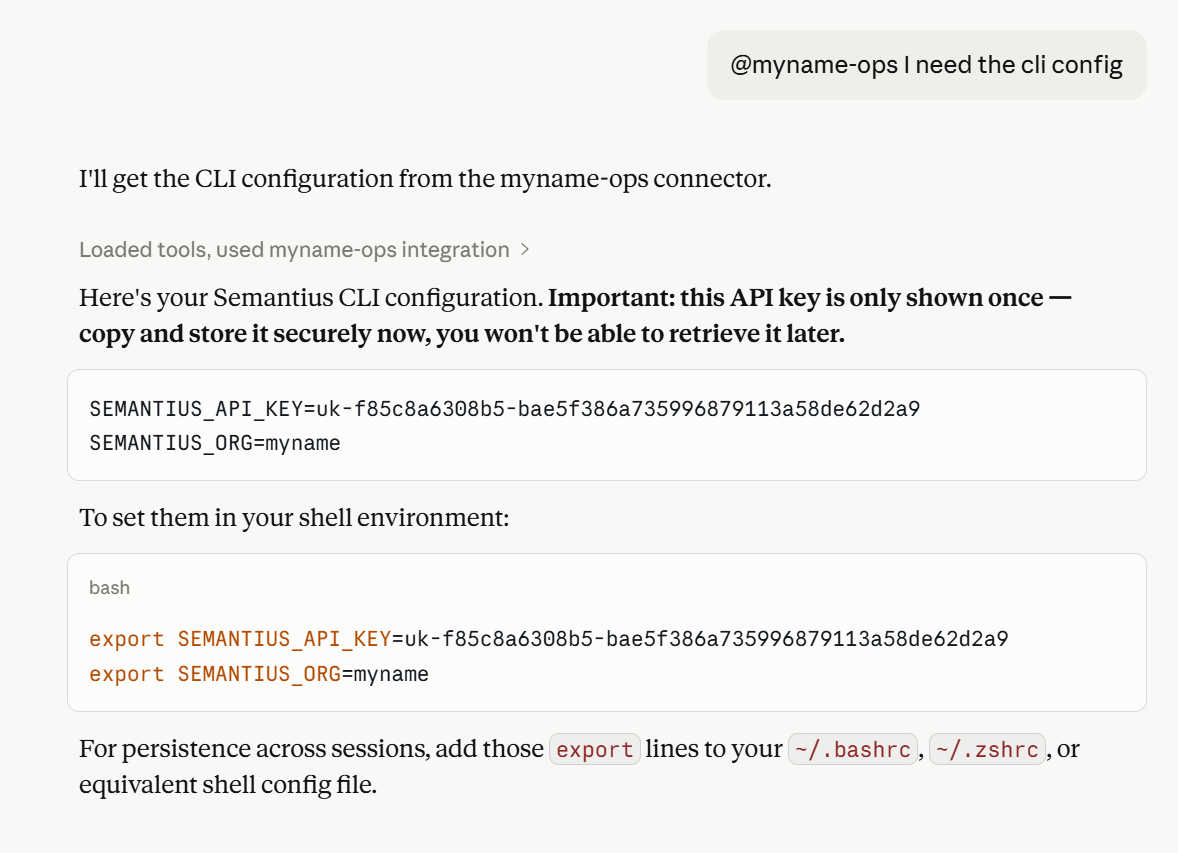 Agent response showing the Semantius CLI credentials returned by the Ops MCP