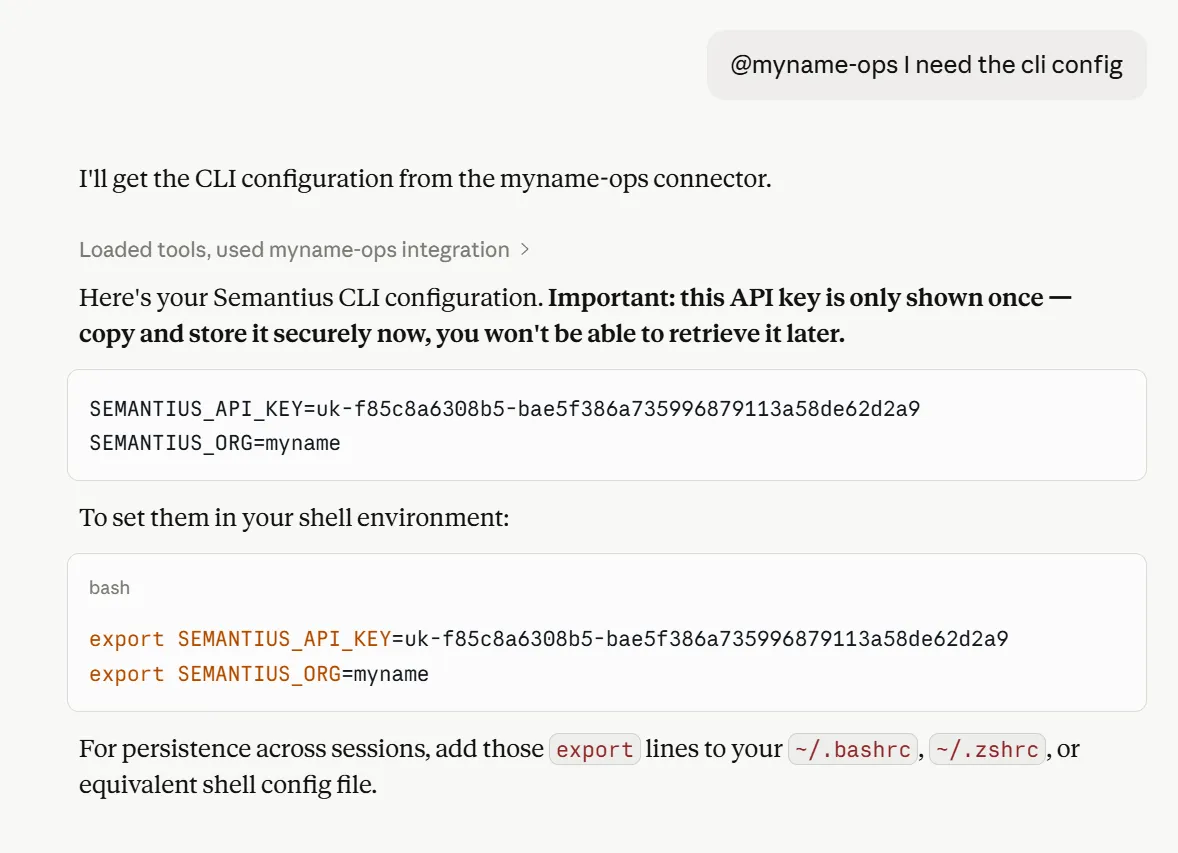 Agent response showing the Semantius CLI credentials returned by the Ops MCP